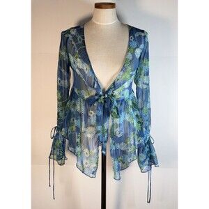 Urban Outfitters UO Paris Tie-Front Blouse Medium Blue Green Boho Festival Daisy